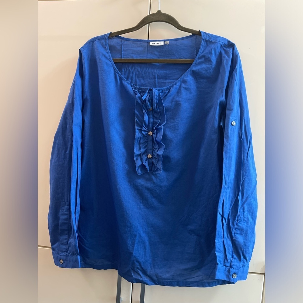 DKNY blue long-sleeved ruffle-front Women’s Shirt Blouse Top Sz XL ( M/ L)